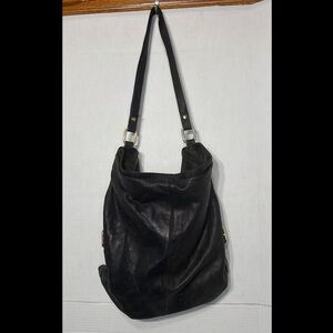 Dissona Black Shoulder Hobo Bag with Faux-Gold Metal Details FLAWED
